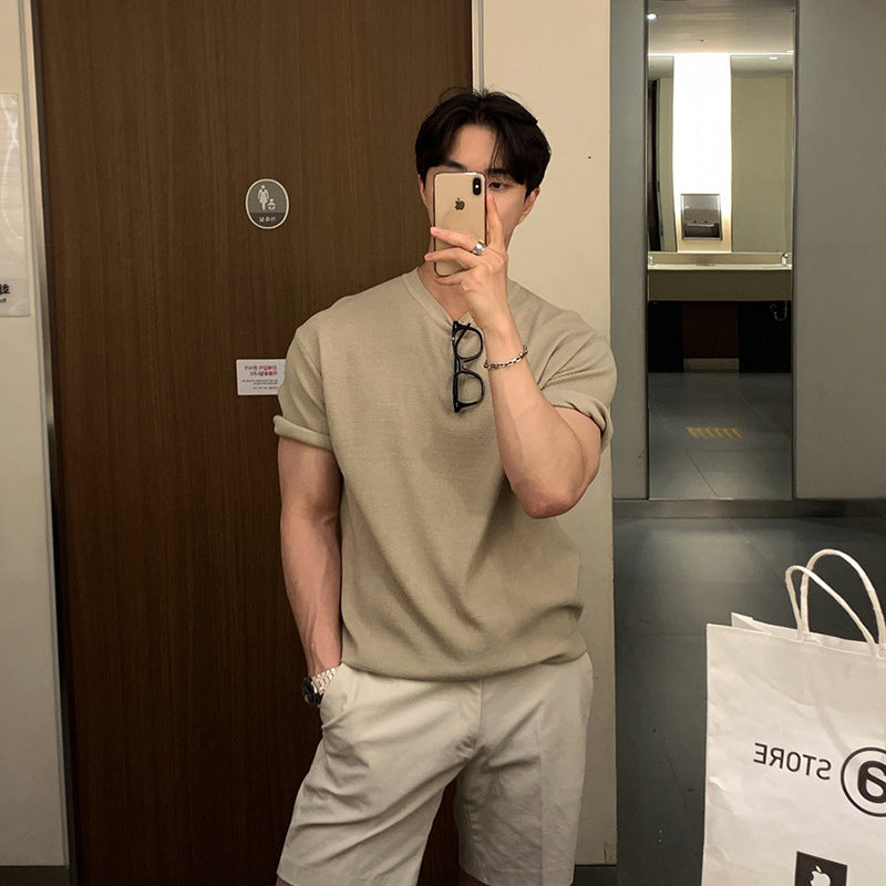 ASCLO New Summer Popular Solid Color Short-sleeved Sweater Round Neck Simple Korean Style Trendy Casual Breathable T-shirt For Men