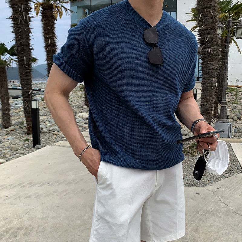 ASCLO New Summer Popular Solid Color Short-sleeved Sweater Round Neck Simple Korean Style Trendy Casual Breathable T-shirt For Men