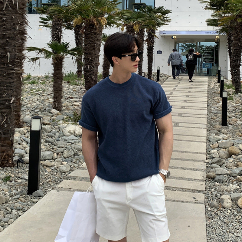 ASCLO New Summer Popular Solid Color Short-sleeved Sweater Round Neck Simple Korean Style Trendy Casual Breathable T-shirt For Men